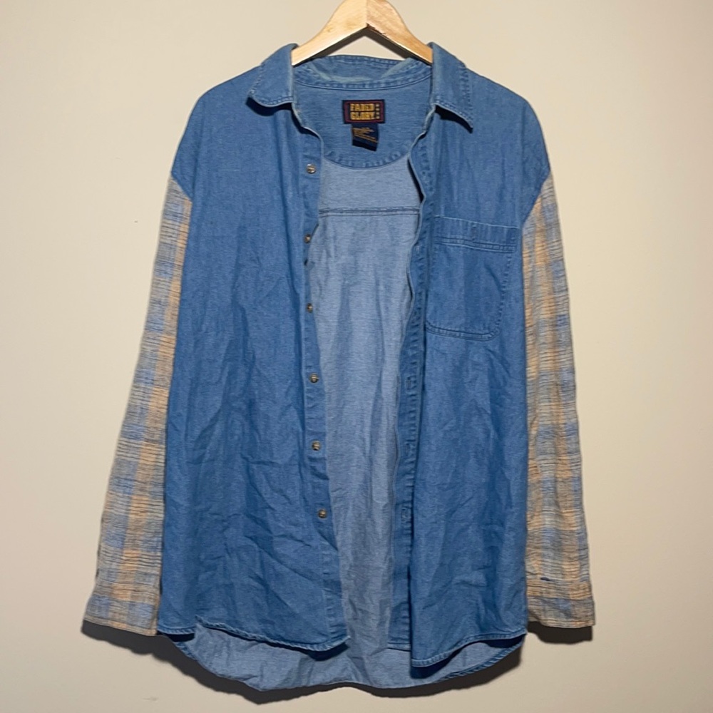 Vintage Faded Glory Jean Jacket Plaid Sleeves